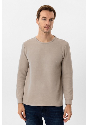 SÜVARİ Bej Slim Fit Armürlü Bisiklet Yaka Triko Kazak Bej