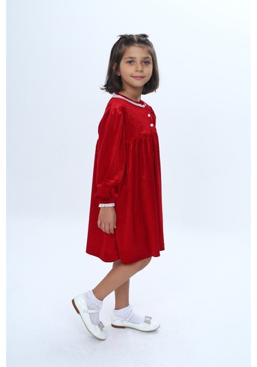 Toontoy Kız Çocuk Yaka Düğmeli Fırfırlı Elbise Kırmızı