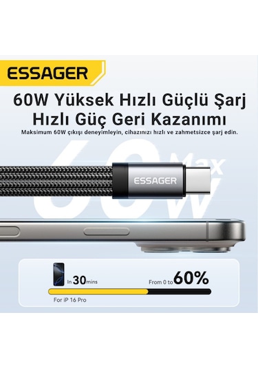 Essager 2in1 Type-c Adaptör 60w Hızlı Şarj + Type C Kulaklık Çıkışı, Hifi Ses Ve Hızlı Şarj Adaptörü Gri