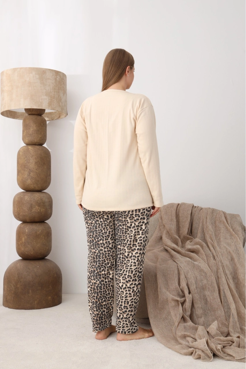 İnterlok Pamuk Battal Büyük Beden Kadın Pijama Takımı Leopar Desen Sarı