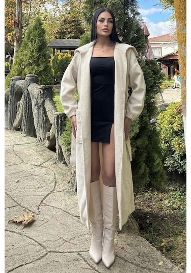 Ekru Cepli, Balon Kol, Kemerli, Kalın Örgü Triko, Uzun Kaban Ekru