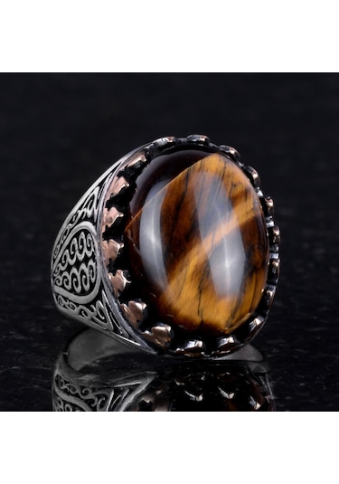 925 Ayar Katı Gümüş Erkek Yüzük - Doğal Taşlarla El Yapımı Şıklık Kaplan Göz Taşı Gümüş