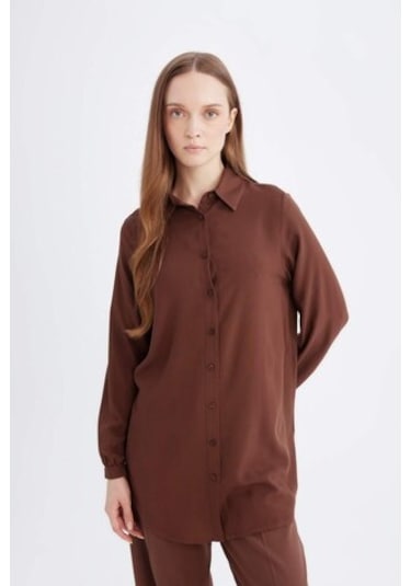 Defacto Regular Fit Gömlek Yaka Basic Düz Viskon Uzun Kollu Gömlek Tunik D2613ax24aubn271 Kahve