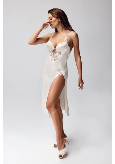 Freshness 9950-gs Saten Ortişli Gecelik Sabahlık Takım - Ekru - L Ekru