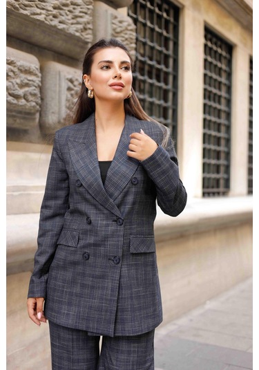 6 Düğmeli Kruvaze Ekose Takım Lacivert Lacivert