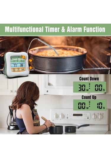 Lemestar Isı Ölçer, 2.6" Renkli Dokunmatik Ekran, Zamanlayıcı, Su Geçirmez Prob, Fırın Ve Mutfak Gıda Sıcaklığı Ölçümü, Beyaz-yeşil Çok Renkli