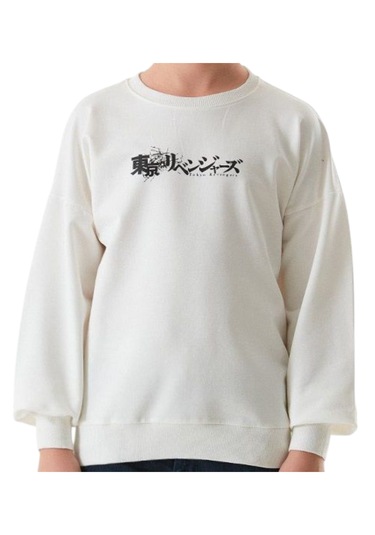 Erkek Çocuk Önü Arkası Anime Resim Yazı Desenli Beyaz Renk Sweatshirt Beyaz