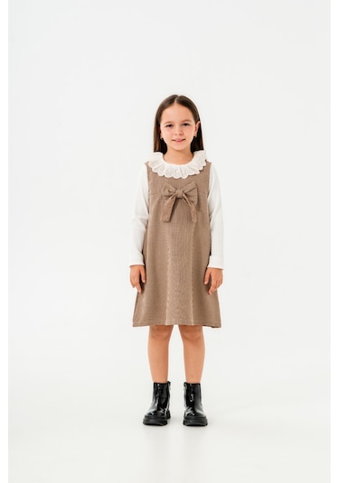 Smile Kids Fiyonklu Bebe Yaka 2'li Kız Elbise Kahverengi