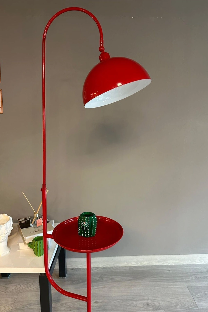 Kırmızı Lambader Hareketli Başlık Tepsili Modern Dekoratif Metal Oturma Odası Çalışma Odası Zemin Lambası Kırmızı