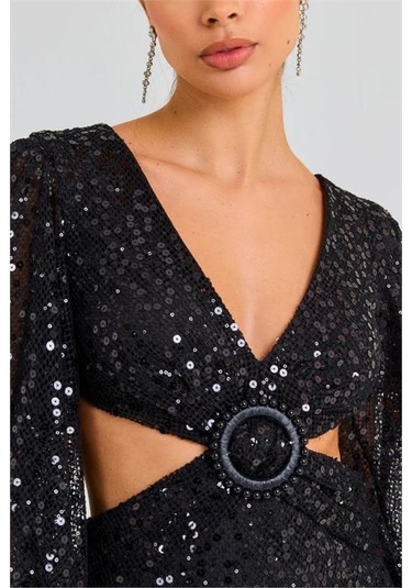 Kadın İthal Payet Kumaş Toka Detaylı Abiye Elbise Dpnbemp2584 Siyah