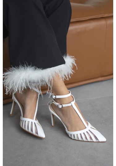 Ares Fileli Stiletto Topuklu Kadın Ayakkabı 8,5 Cm Beyaz