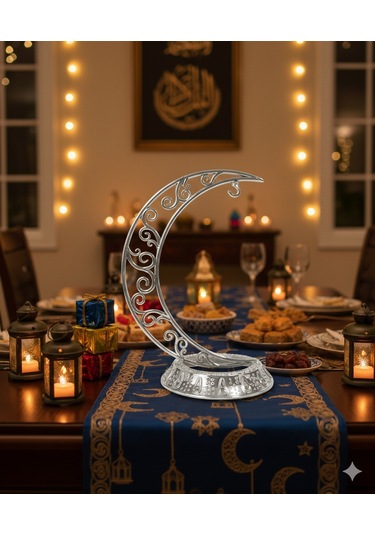 28 Cm Ramazan Dekoratif Masa Üstü Hilal Gümüş Plastik Tabanlı Süs Diğer