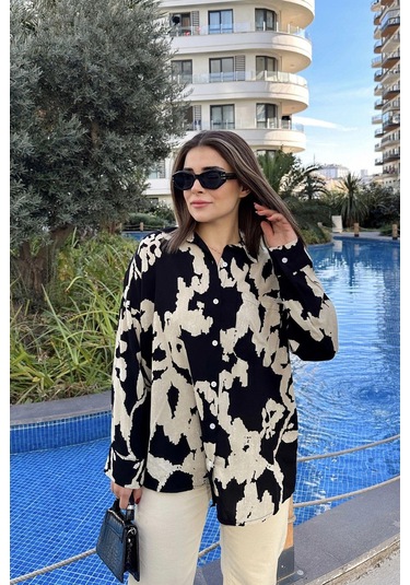 Kadın Siyah Uzun Kol, Arkası Pliseli, Salaş Dökümlü, Viskon Gömlek Siyah