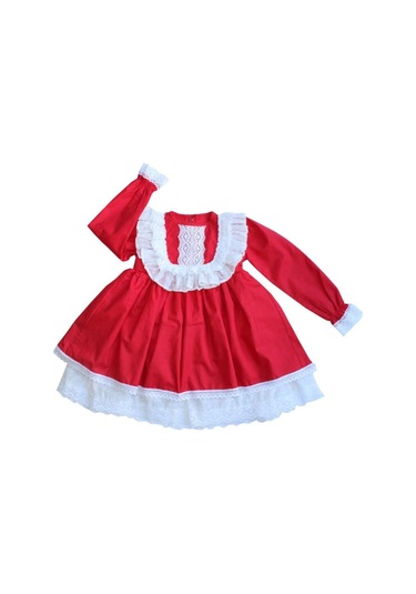 Dantel Detaylı Şifon Astarlı Özel Tasarım Kız Çocuk Bebek Kırmızı Beyaz Elbise 001
