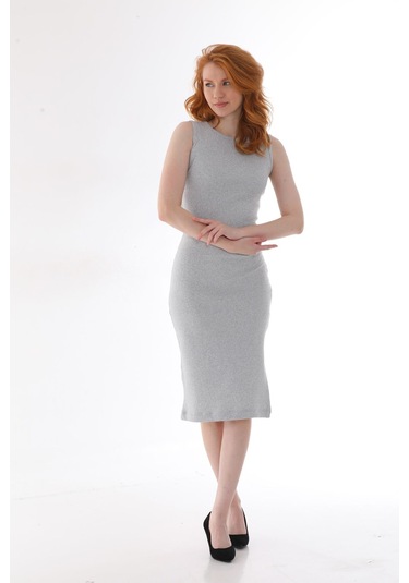 Kallima Gri Kolsuz Diz Altı Yırtmaçlı Fitilli Esnek Elbise Gri