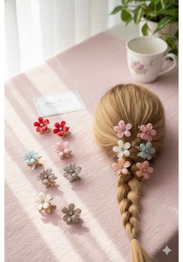 Çiçek Şeklinde Metal Toka, Metal Klipsli Renkli Çiçek Toka 4 Adet Mavi - Pembe