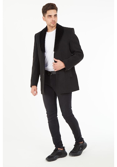 Sposo 1661 Yaka Kürkü Çıkmalı Yünlü Kaşe Siyah Erkek Kaban Siyah