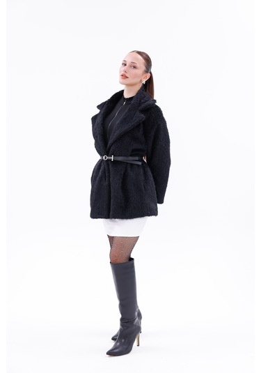 Kemer Detaylı-astarlı-düğmeli Kadın Kaban Siyah