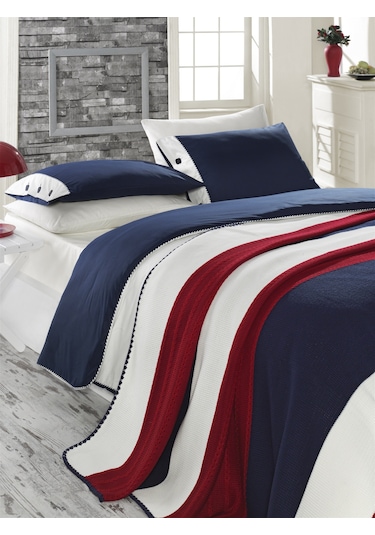 Akrilik Örgü Battaniye Seti Tek Kişilik Lacivert Krem