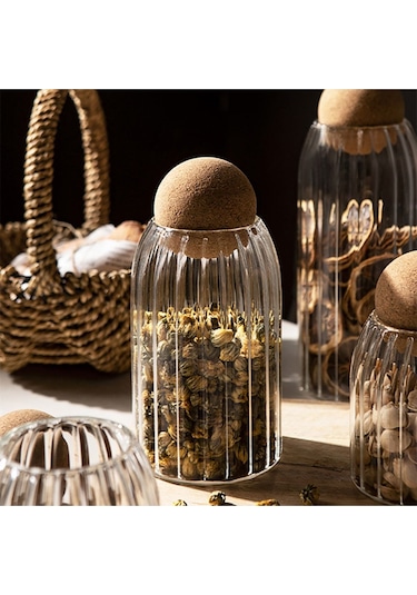 Morponi 3lü Top Mantar Kapaklı Çizgili Cam Kavanoz Ve Baharatlık Seti Şeffaf