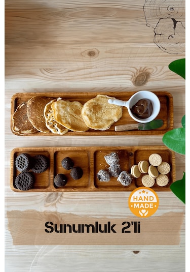 El Yapımı Çam Ağacı Ahşap Sunum Tepsisi 2'li Takım
