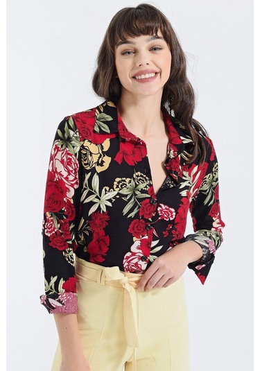 Kadın Siyah & Kırmızı Modern Tarz Çiçek Desenli Uzun Kollu Gömlek Siyah