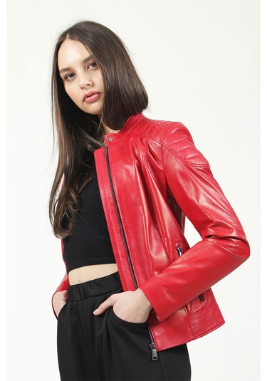 Dericlub Yb-2156 Gerçek Deri Kadın Mont Kırmızı