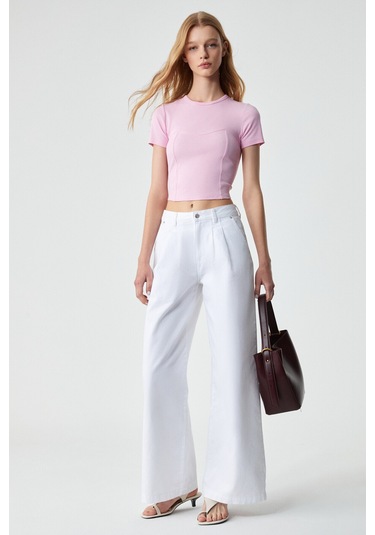 CERAEN Kadın Slim Kısa Kol Bisiklet Yaka Pembe T-Shirt