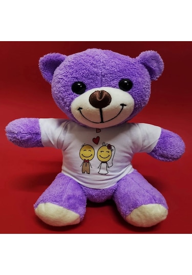 Aşık Çiftler Tişörtlü Mor Peluş Ayıcık Çok Renkli