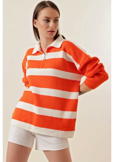 Gabria Fermuarlı Çizgili Kazak Oranj