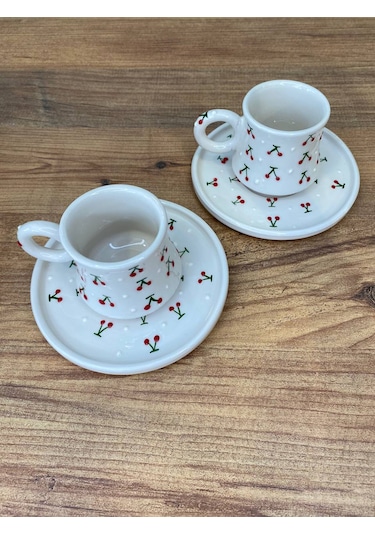 Kiraz Desenli El Yapımı Seramik Kupa, Mug, Türk Kahvesi