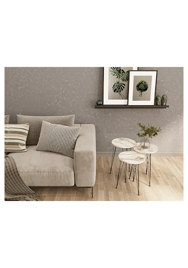 Zigon Sehpa 3'lü Yuvarlak Siyah Tel Ayaklı Beyaz Mermer