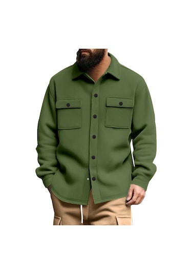 Gündelik Erkek Kadife Yaka Üst Tek Sıra Düğmeli Düz Renk Dar Kesim Ceket Manto Ordu Yeşil