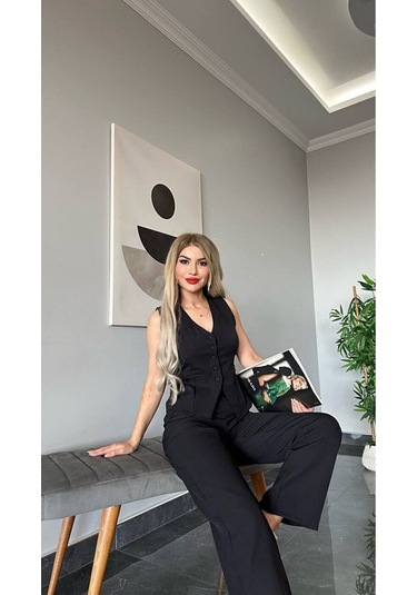 Kadın Yelek Pantolon Takım Kadın Şık Yelekli Takım - Dar Kalıptır Siyah Siyah