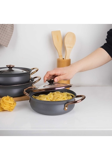 Oms 3724 Bakraç Güveç 3'Lü Sahan Seti Antrasit 16 - 18 - 20 Cm