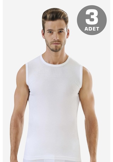 3'lü Paket Beyaz Kolsuz Erkek Atlet Yuvarlak Yaka Sıfır Kol Tişört %100 Pamuklu Beyaz