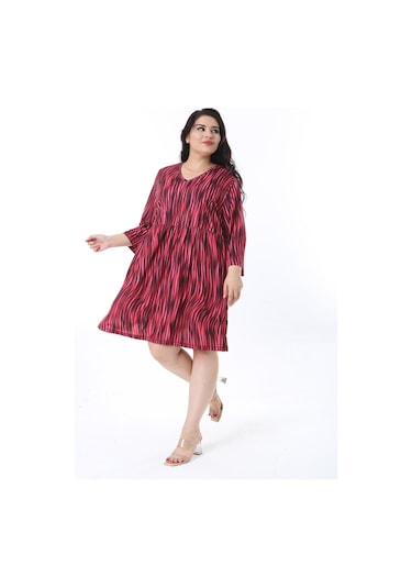 Kadın Büyük Beden Renkli V Yakalı Belden Büzgülü Kapri Kol Elbise 65n38200-renkli Çok Renkli