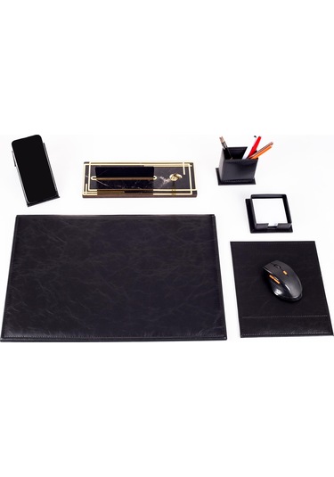 Hera Siyah Deri Sümen Takımı Gold Mermer Desen Ahşap İsme Özel Masa İsimliği İsimlik Seti