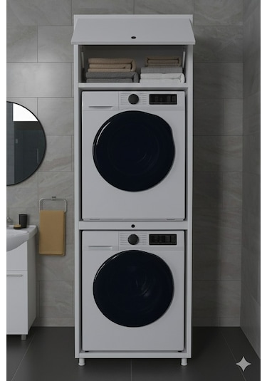 Çamaşır&kurutma Makinesi Dolabı Mdf Beyaz Beyaz