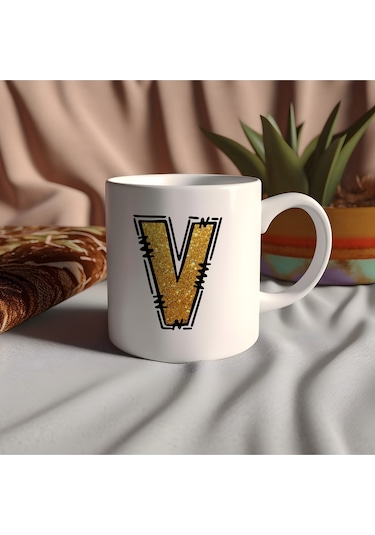V Harfi Gold Simli Kupa Işıltılı Alfabe Harf Tasarımlı Kahve Kupası - Kişiye Özel Hediye Beyaz