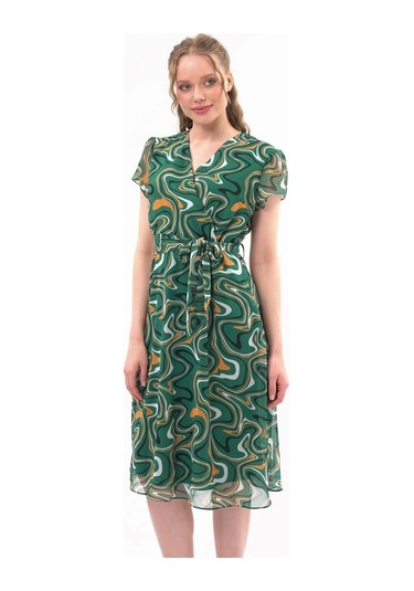Kadın Desenli Kruvaze Yaka Midi Şifon Elbise 4445/110 Zümrüt Yeşili