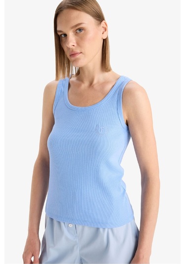 Defacto Regular Fit Yuvarlak Yaka Kolsuz Ribana Pijama Üstü-fall İn Love F0110ax25smbe747 Mavi