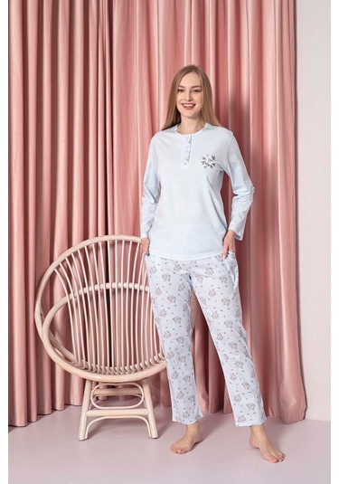 Ahengim Kadın Pijama Takımı Süprem Uzun Kollu Çiçek Desenli Pamuklu W30052329 Mavi