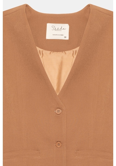 Saade Sââde Kadın V Yaka Düğmeli Klasik Dokuma Blazer Yelek Camel