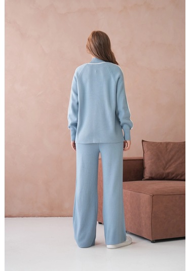 Kadın Dik Yaka Kazak Pantolon İkili Triko Takım Açık Mavi