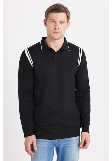 Erkek Slim Fit Dar Kesim Uzun Kol Polo Yaka Çizgili Siyah Kazak-35807 Siyah