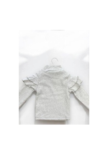 Kız Çocuk Kışlık Kolları Fırfırlı Örme Kazak-14423 Gri