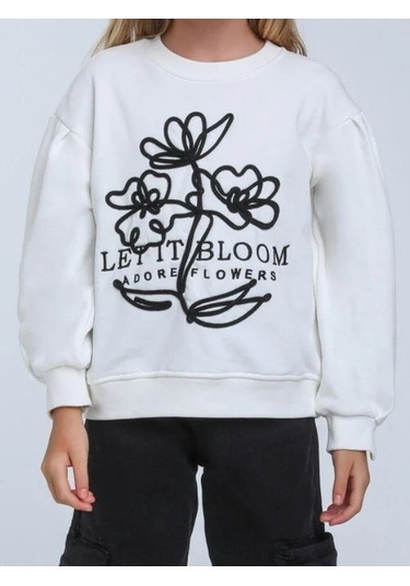 Kız Çocuk Çiçek Nakışlı Sweatshirt-14248 Beyaz