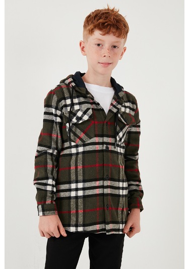 Lela Kapüşonlu Çift Cepli Ekoseli Oduncu Erkek Çocuk Gömlek Cf25W81786 Haki