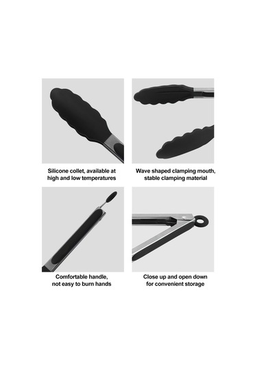 Isıya Dayanıklı Mutfak Maşası Üçlü Set, Paslanmaz Çelik, Pişirme Ve Izgara İçin Uygundur Siyah